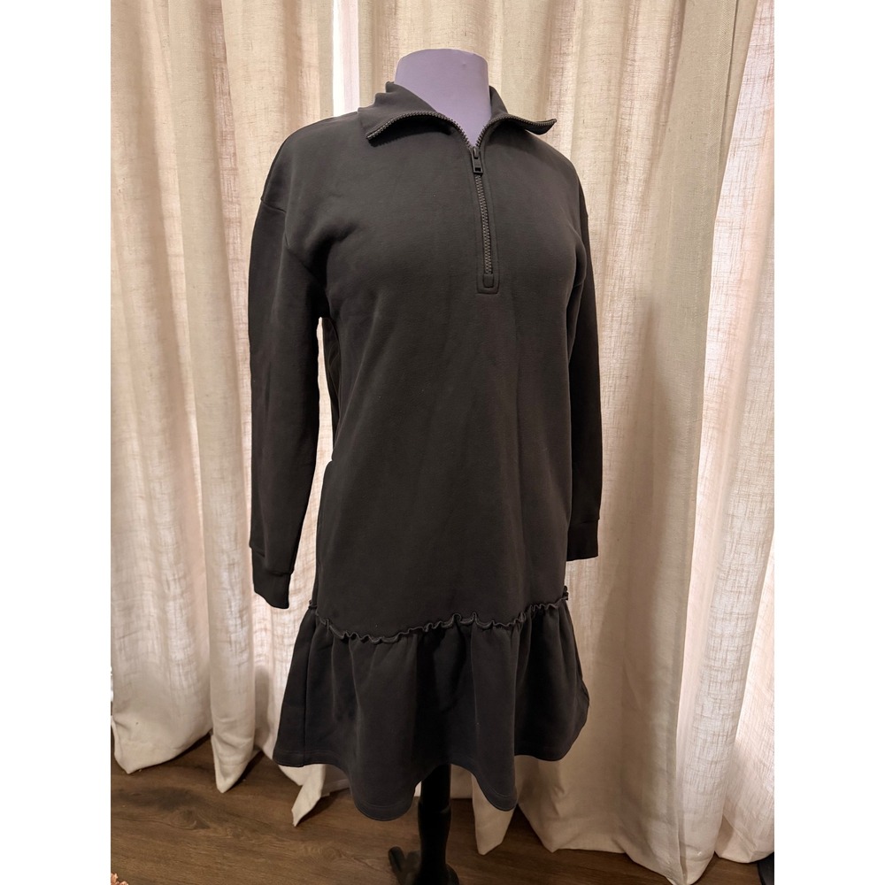 NWT UpWest Long Sleeve‎ Quarter Zip Sweatshirt Dress Ruffle Hem Charcoal Small